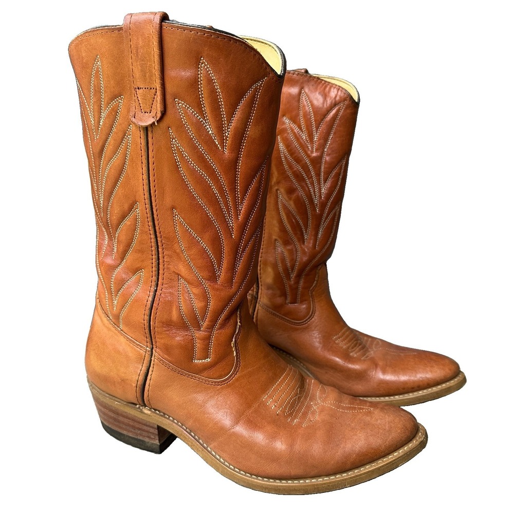 VTG 1970s Sears Cowboy Western Boots Men's 9.5 D Brown Leather Stitched USA Made